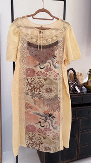 Cream linen crochet dress with Japanese kimono fabric