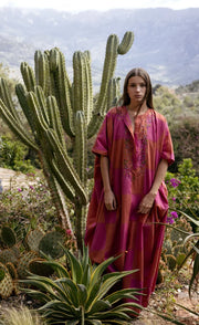 Handloom Ikat Kaftan Dress - Orange/Magenta Haze with Embroidery