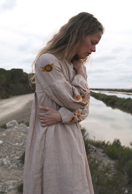 linen with hand embroidery